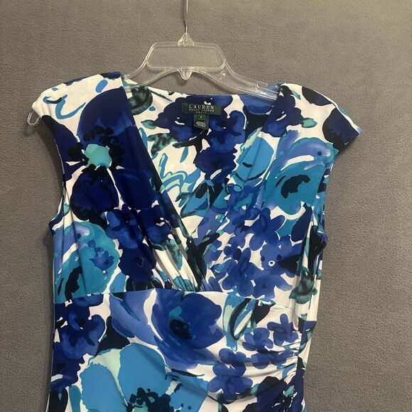 Lauren Ralph Lauren Ruched Faux Wrap Dress Size 6 Blue Floral Career Stretch - Picture 4 of 9